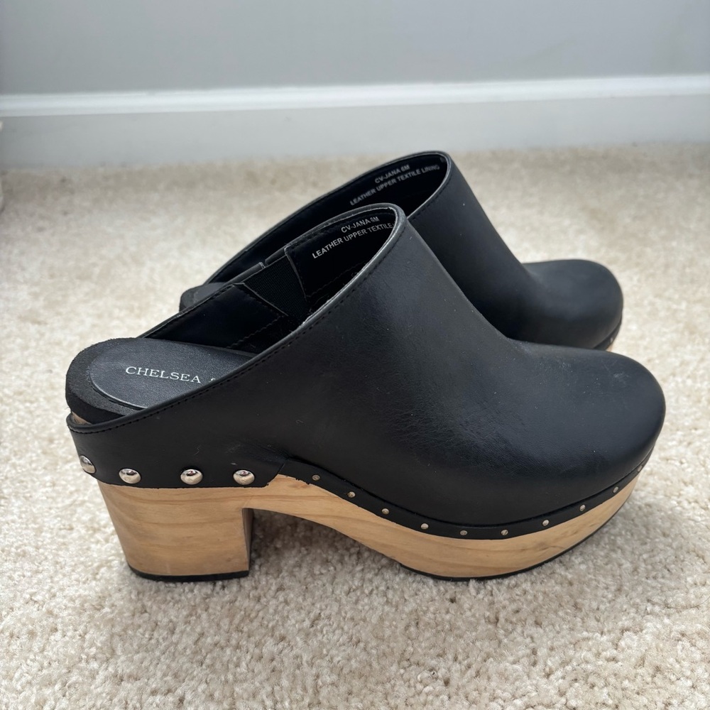 Chelsea & Violet Black Leather Clog Mules with Wooden Platform Heel - Picture 7 of 10